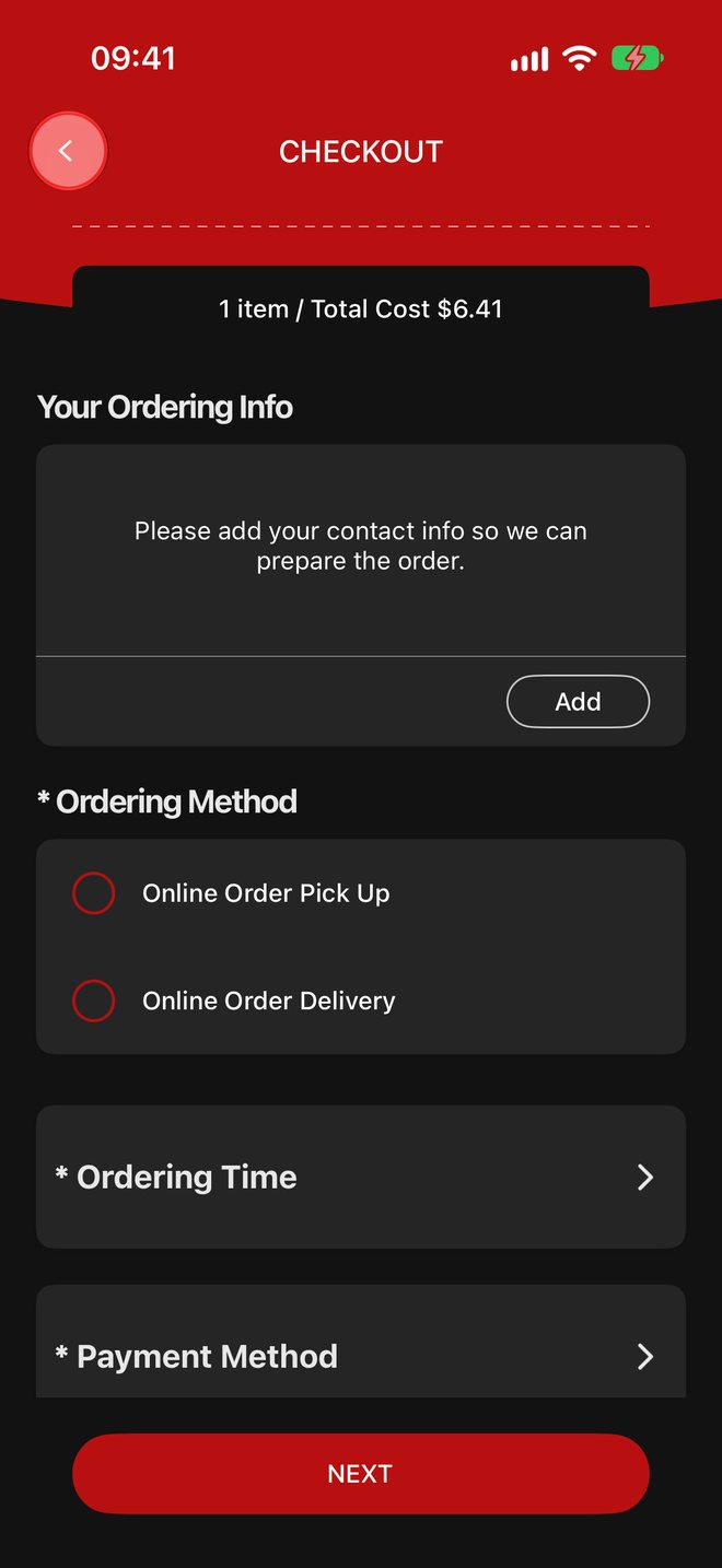 Checkout with pickup or delivery, ordering time and payment method